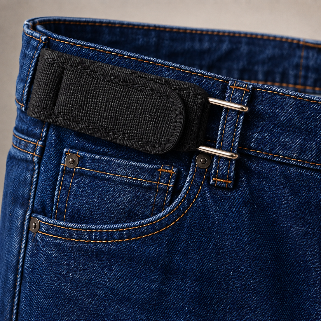 Black Aurabelt attached to blue jeans